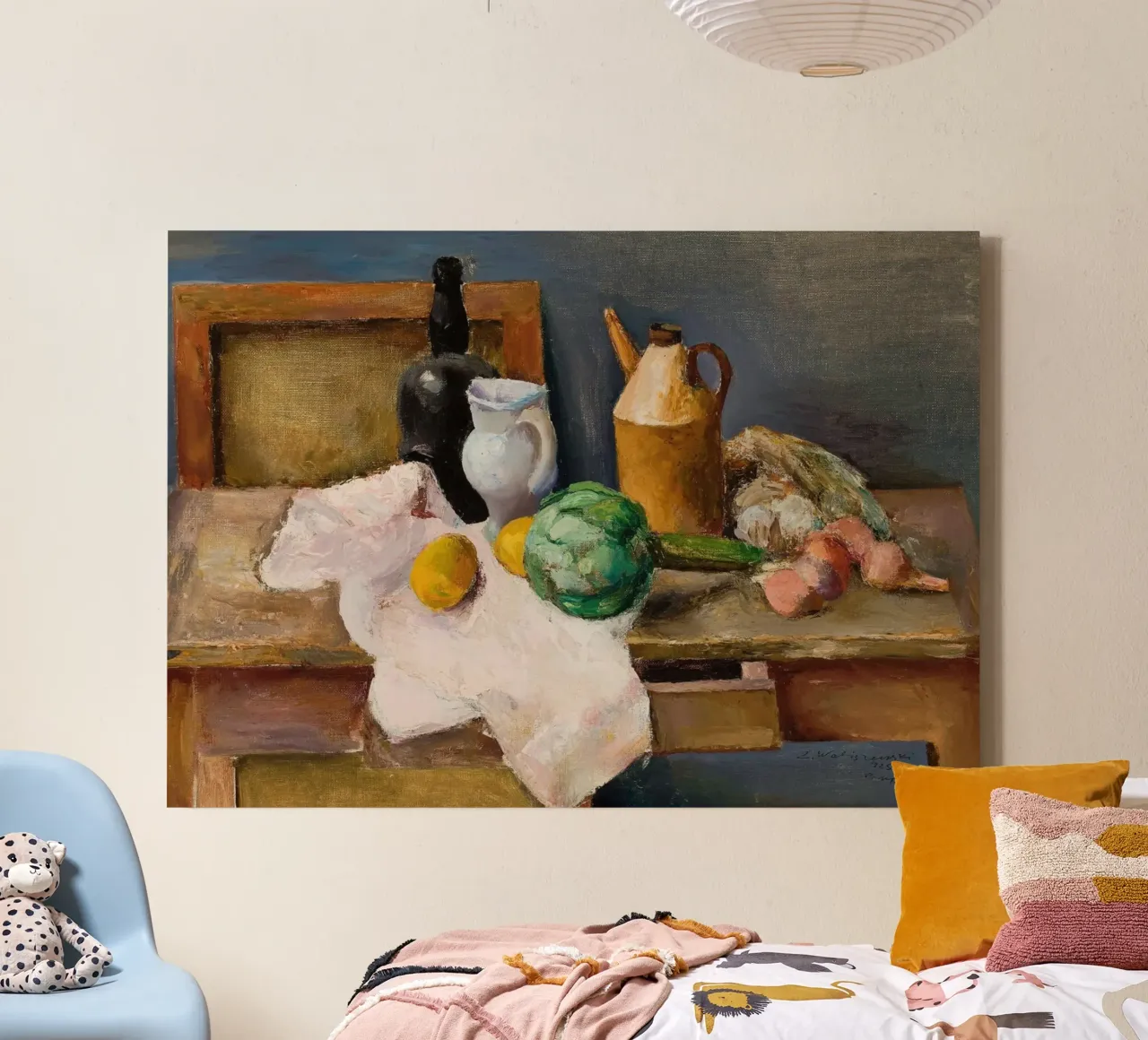 Stilleven artisjok & flessen - Expressionistisch structuurwerk canvas met Baklijst van ClubArt