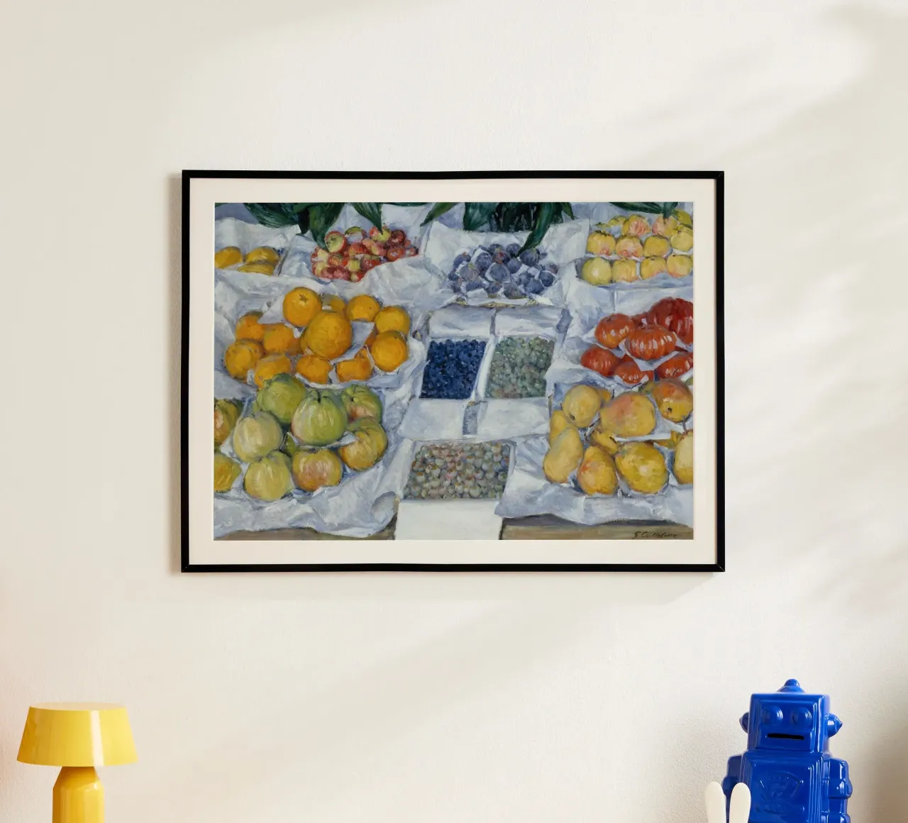 Pittura con bancarella di Caillebotte - Arte della frutta impressionista poster con telaio in alluminio da ClubArt