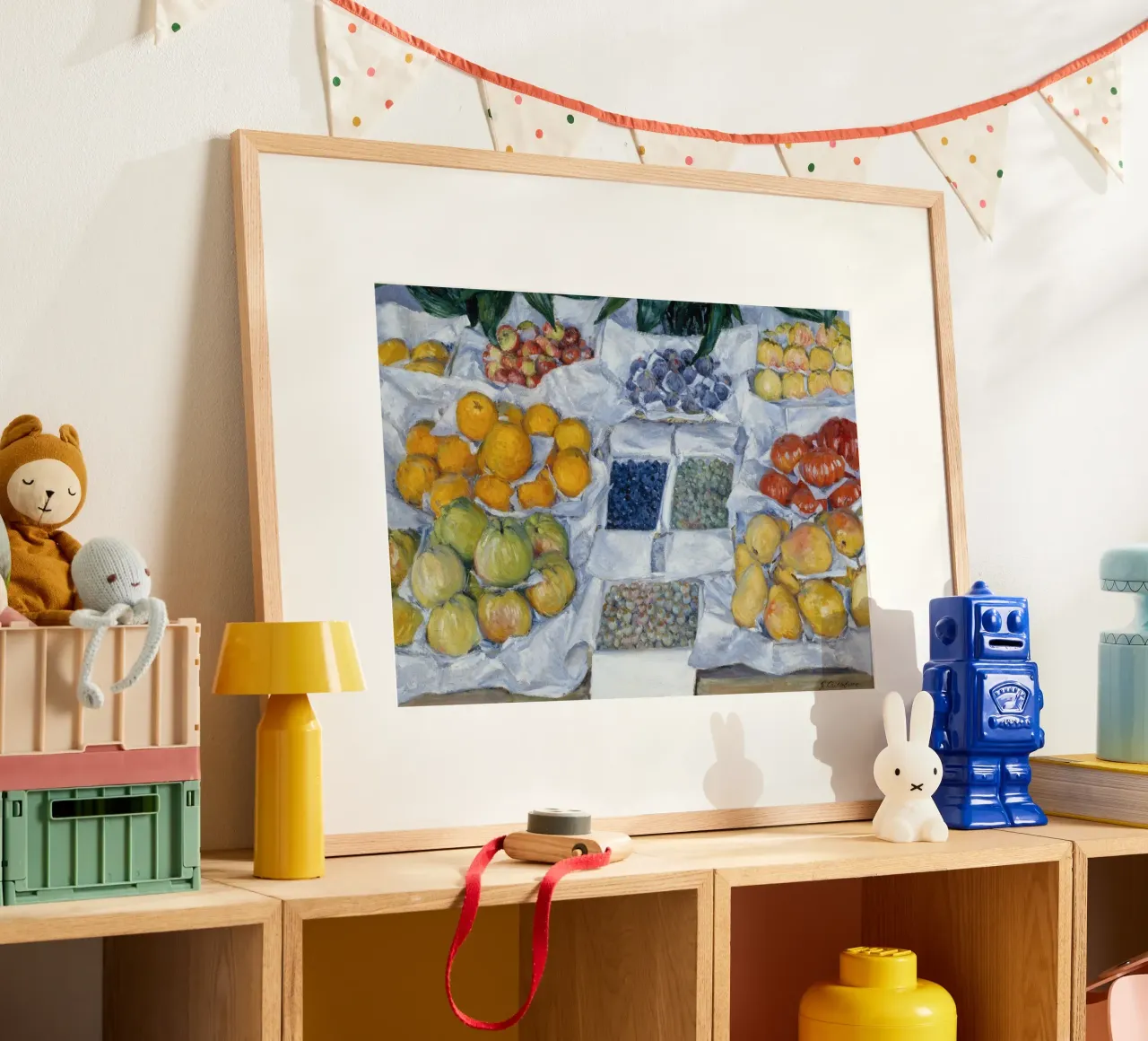 Pittura con bancarella di Caillebotte - Arte della frutta impressionista poster con telaio in alluminio da ClubArt