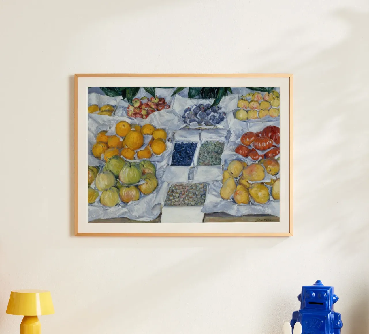 Pittura con bancarella di Caillebotte - Arte della frutta impressionista poster con telaio in alluminio da ClubArt