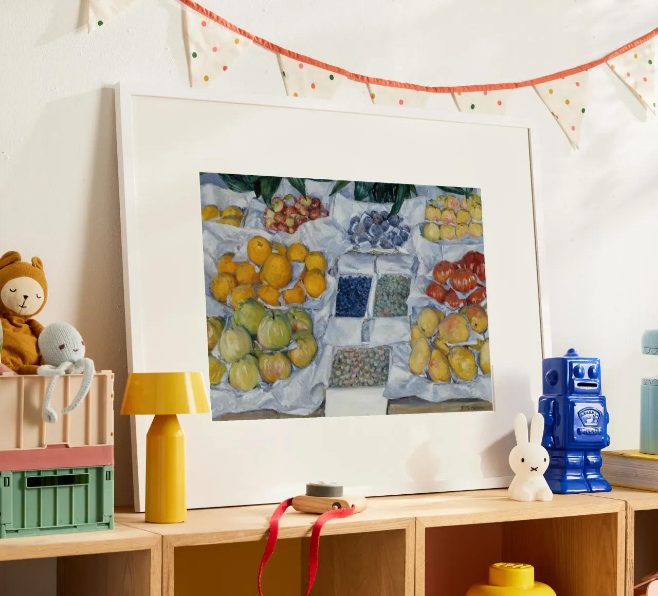 Pittura con bancarella di Caillebotte - Arte della frutta impressionista poster con telaio in alluminio da ClubArt