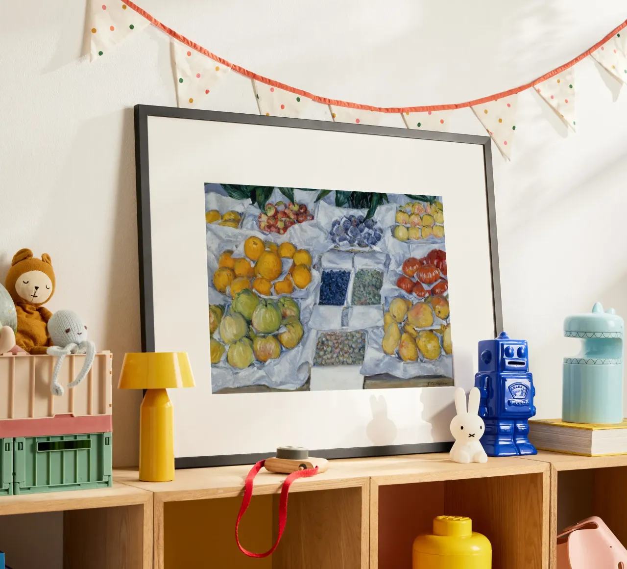 Pittura con bancarella di Caillebotte - Arte della frutta impressionista poster con telaio in alluminio da ClubArt