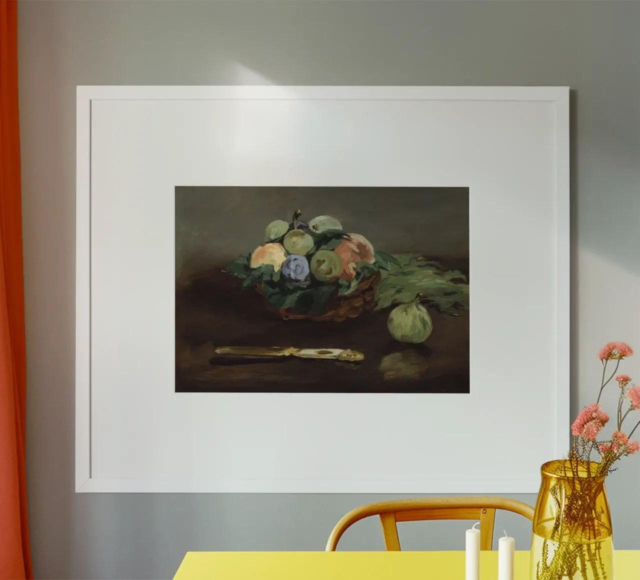 Korb mit Obst Stillleben - Manet Impressionistische Kunst Poster mit Holzrahmen von ClubArt