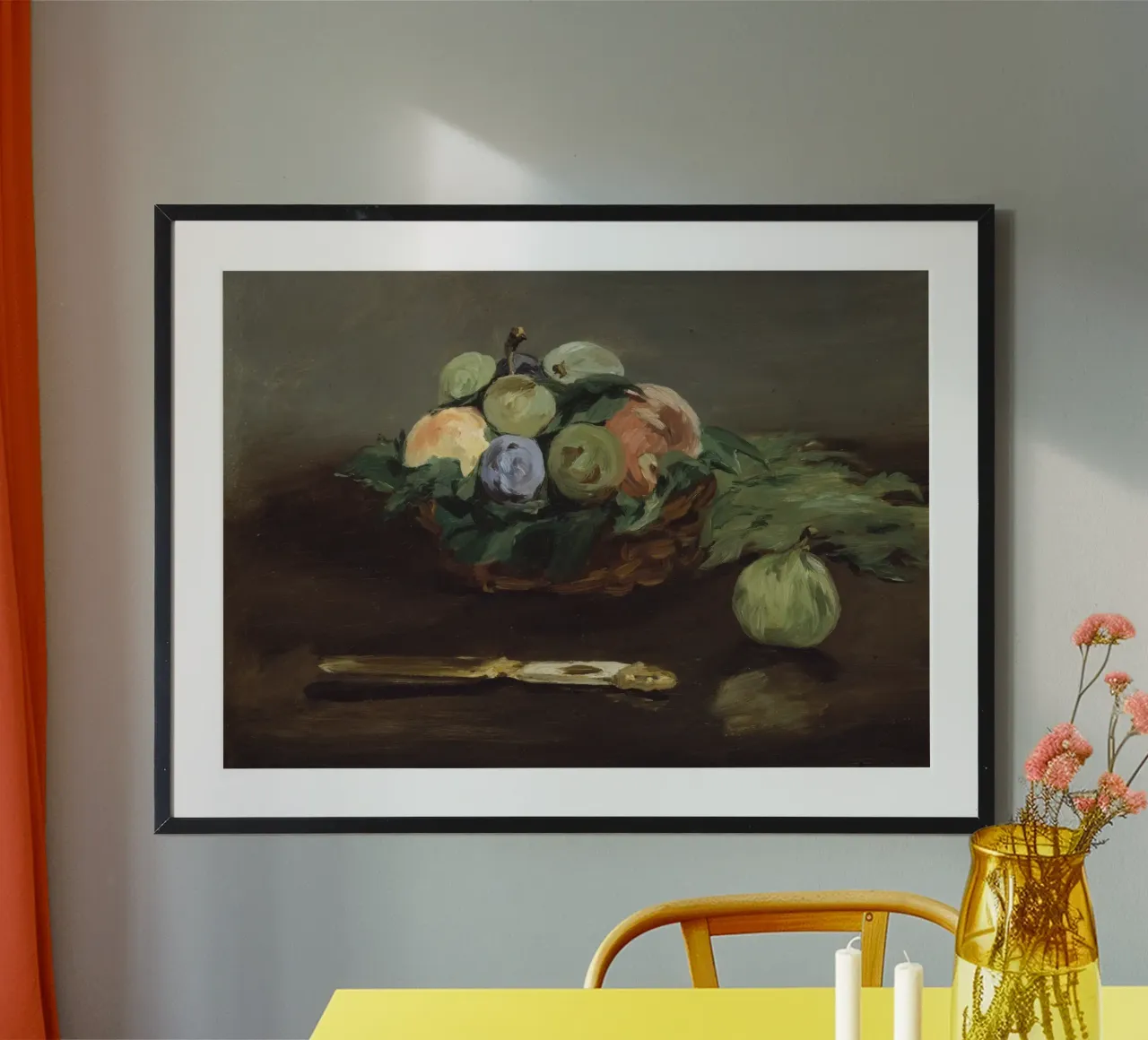 Korb mit Obst Stillleben - Manet Impressionistische Kunst Poster mit Holzrahmen von ClubArt