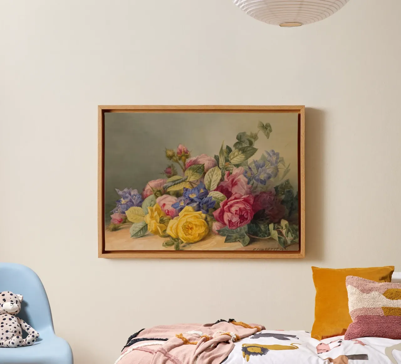 Natura morta floreale Charette - Rose e delfini d'epoca tela con Cornice a cassetta da ClubArt