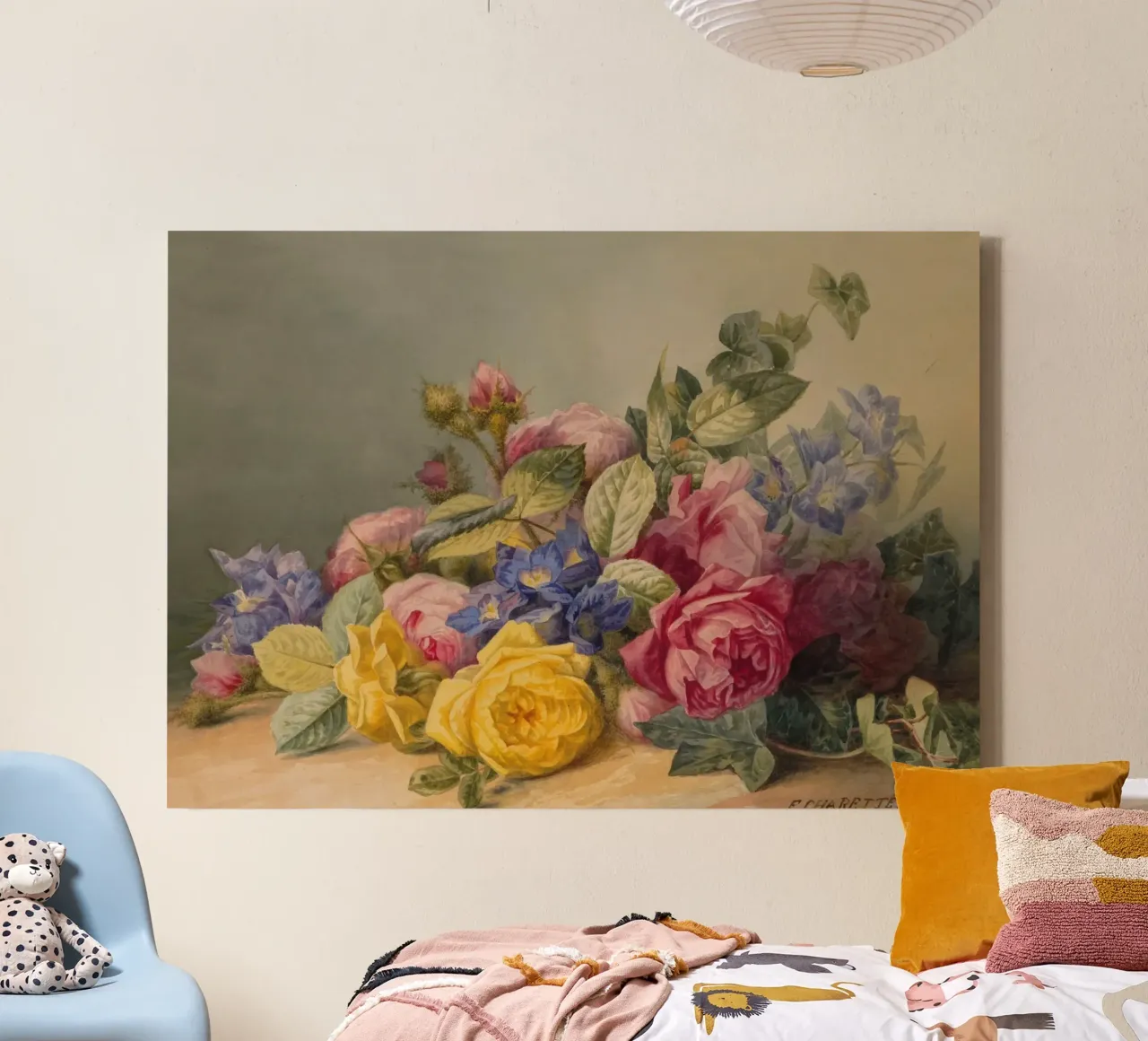 Natura morta floreale Charette - Rose e delfini d'epoca tela con Cornice a cassetta da ClubArt