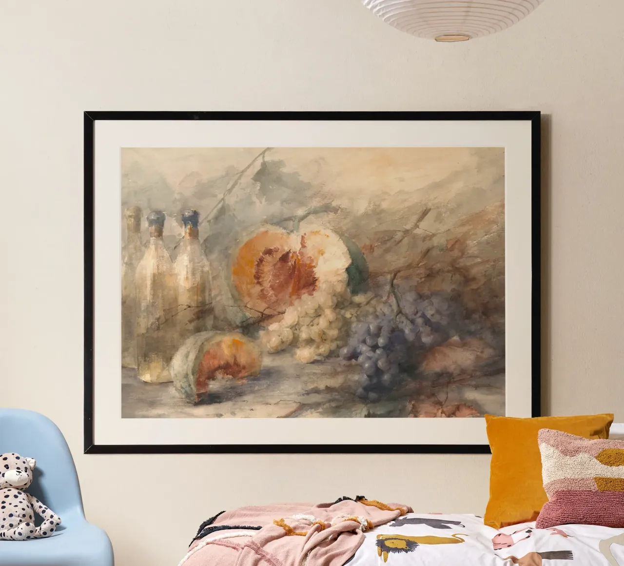 Natura morta Meloni Uva Bottiglie - Pittura ad acquerello poster con telaio in plastica da ClubArt
