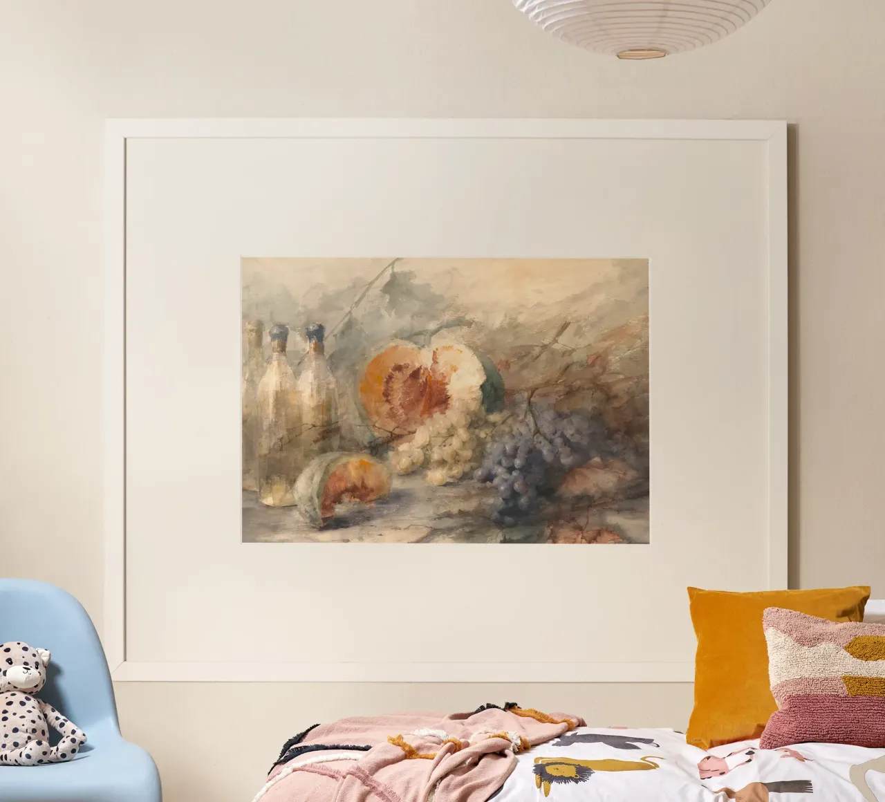 Natura morta Meloni Uva Bottiglie - Pittura ad acquerello poster con telaio in plastica da ClubArt