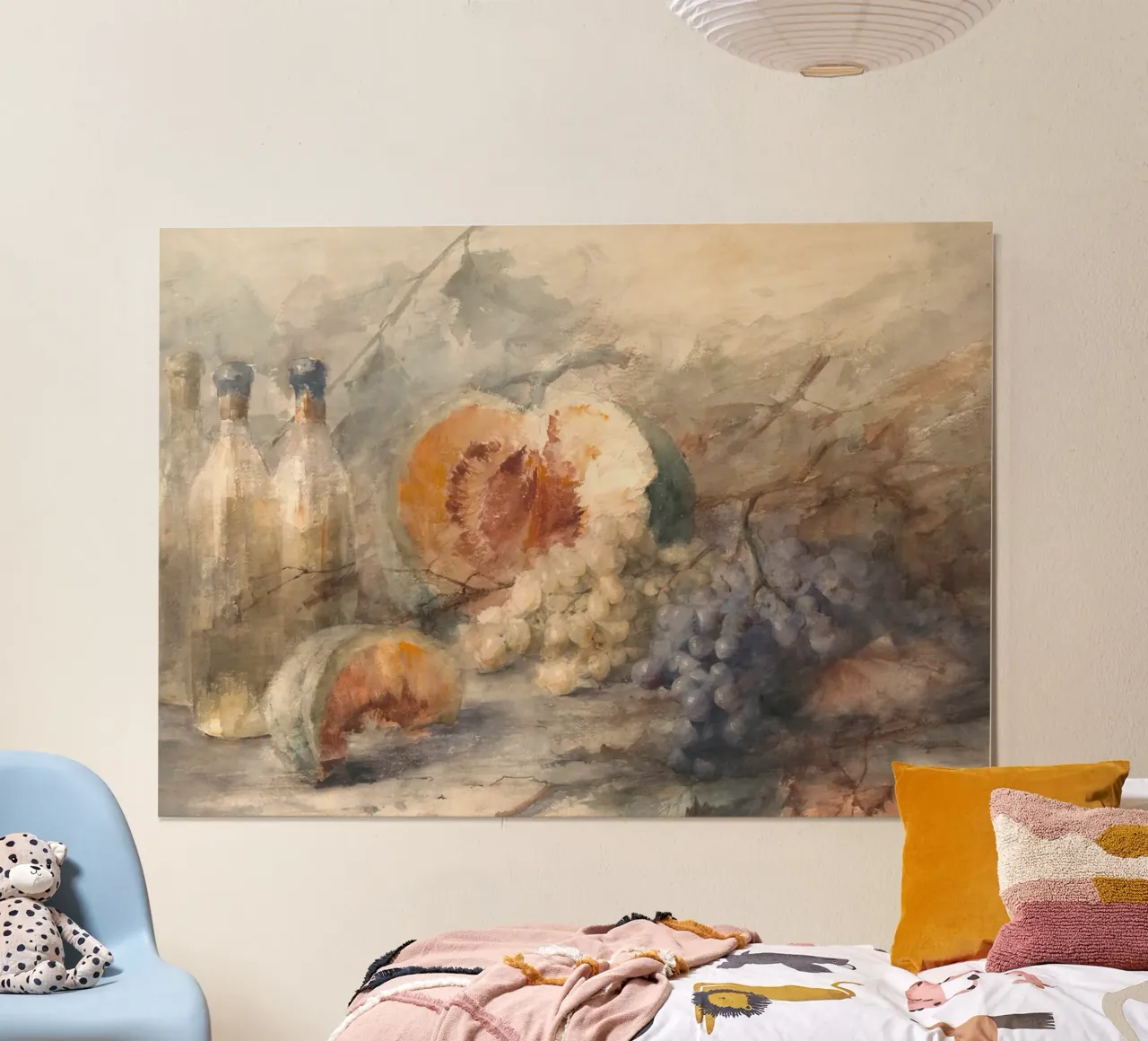 Natura morta Meloni Uva Bottiglie - Pittura ad acquerello poster con telaio in plastica da ClubArt