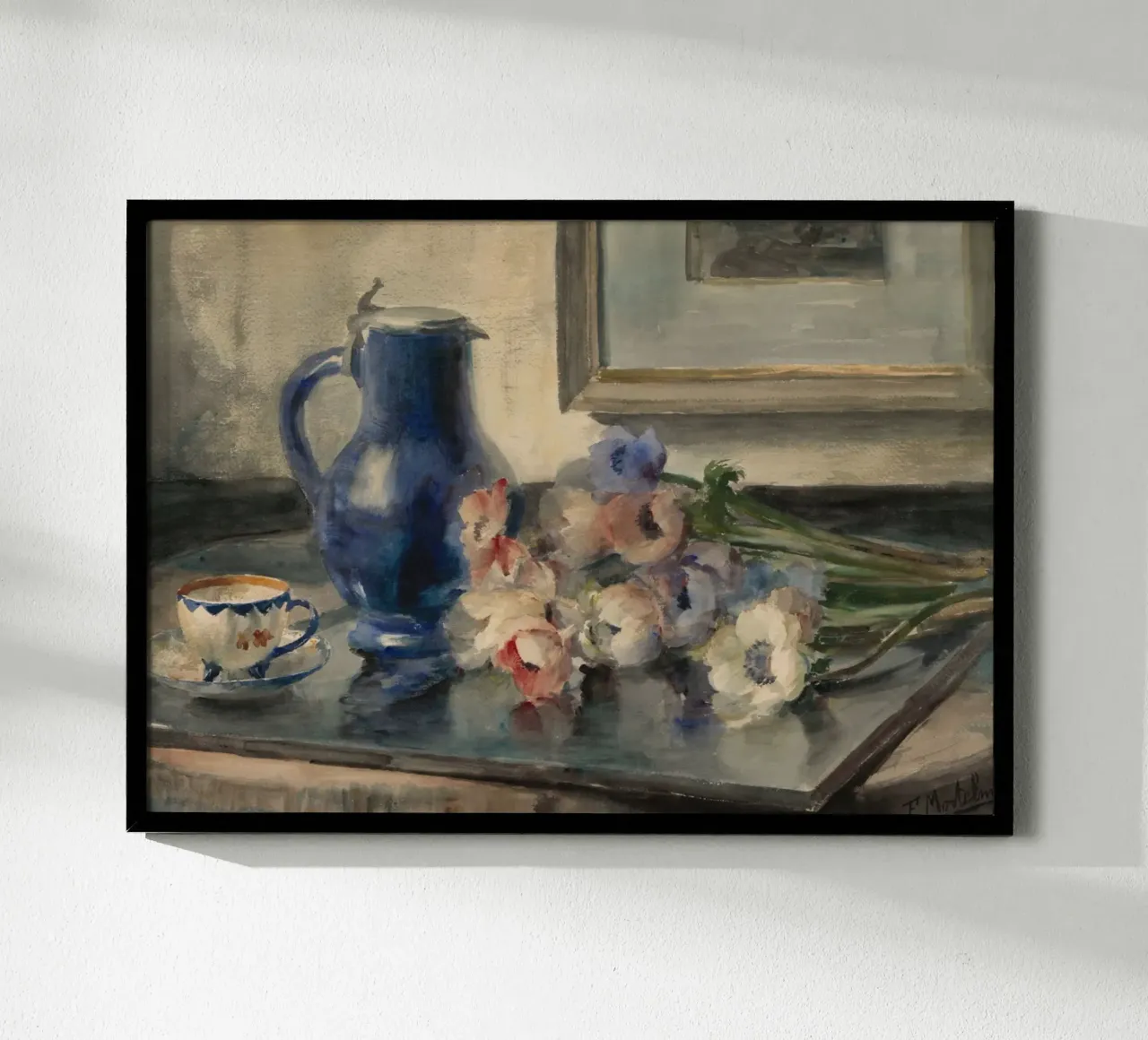 Natura morta con fiori e brocca blu - Acquarello poster con telaio in legno da ClubArt