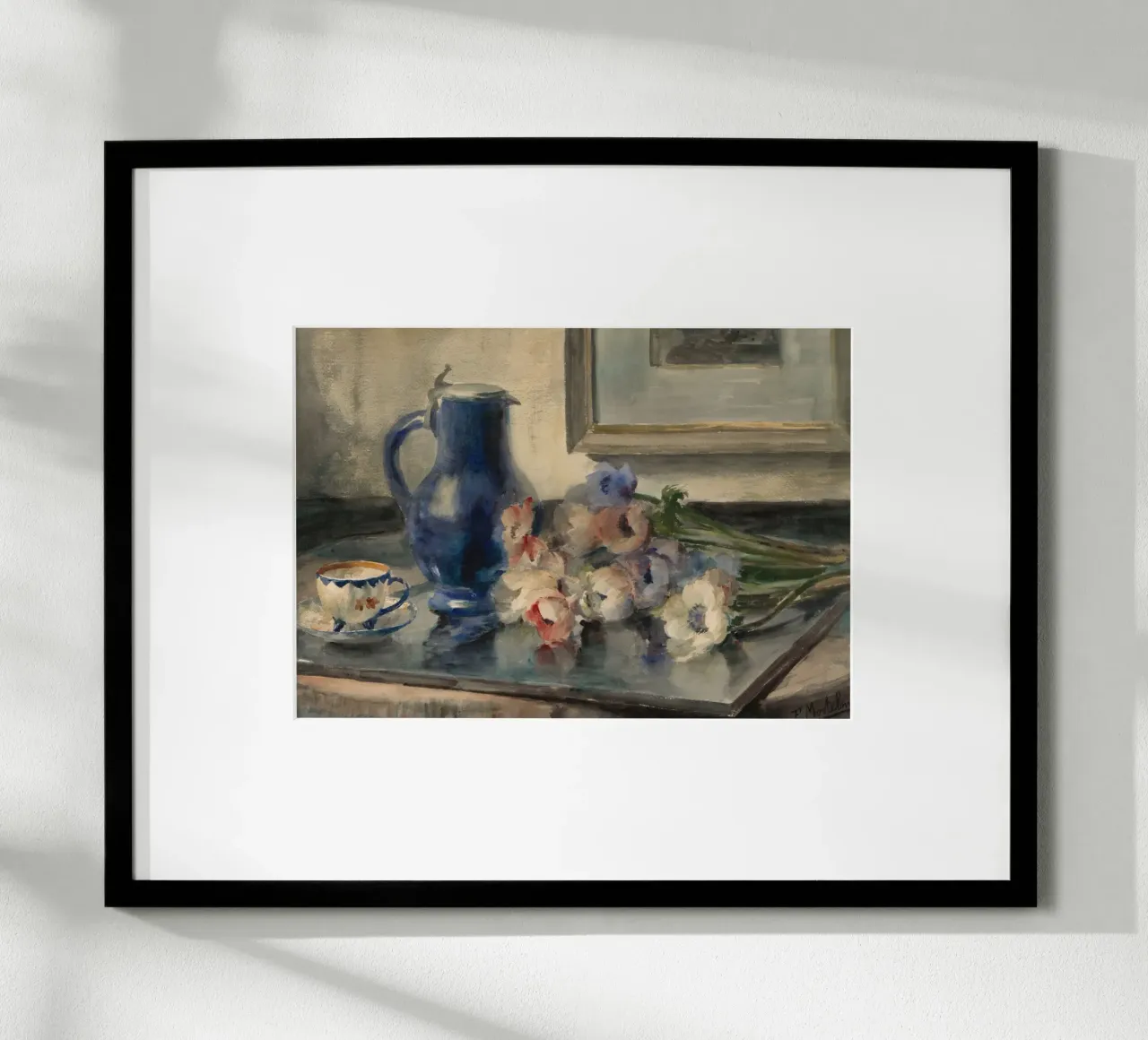 Natura morta con fiori e brocca blu - Acquarello poster con telaio in legno da ClubArt