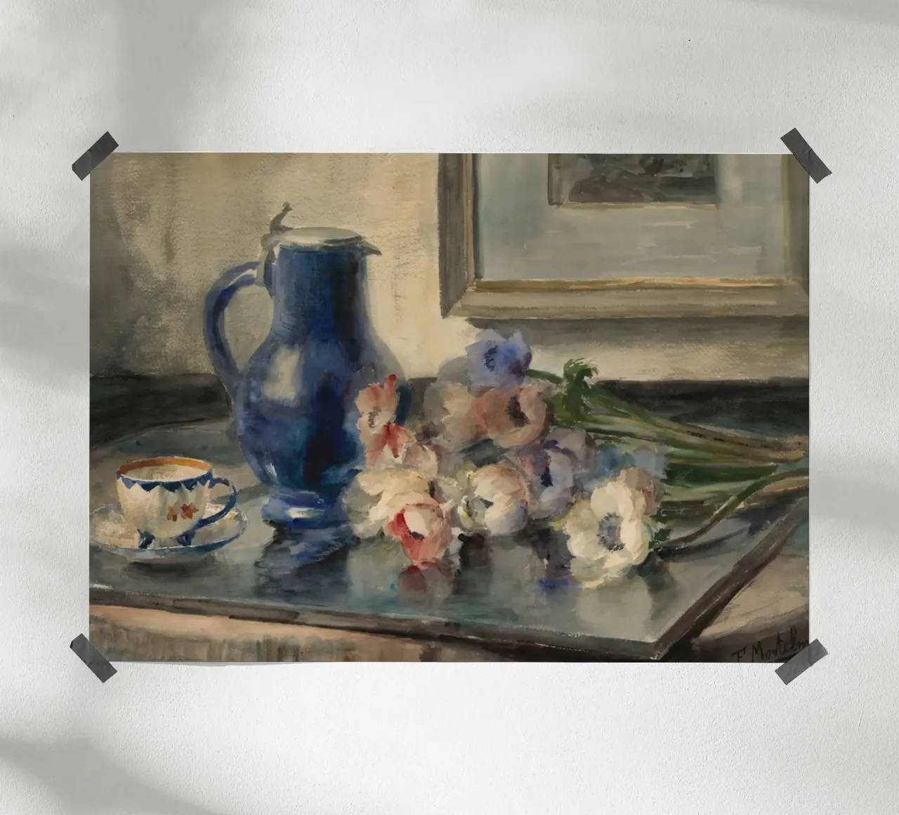 Natura morta con fiori e brocca blu - Acquarello poster con telaio in legno da ClubArt