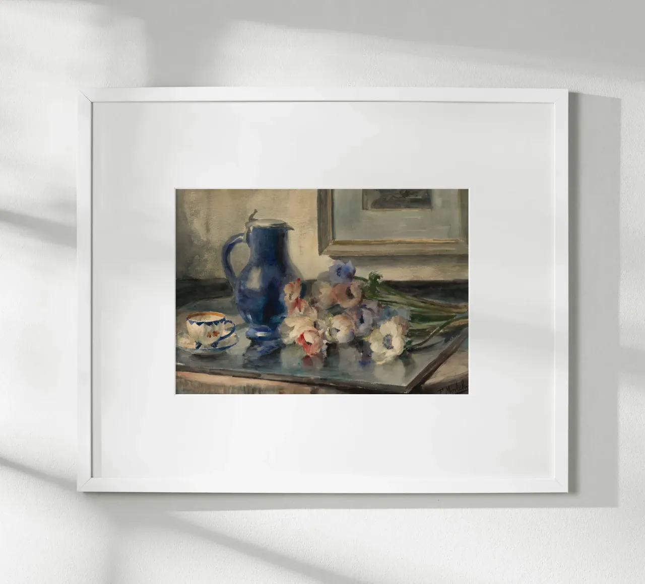 Natura morta con fiori e brocca blu - Acquarello poster con telaio in legno da ClubArt