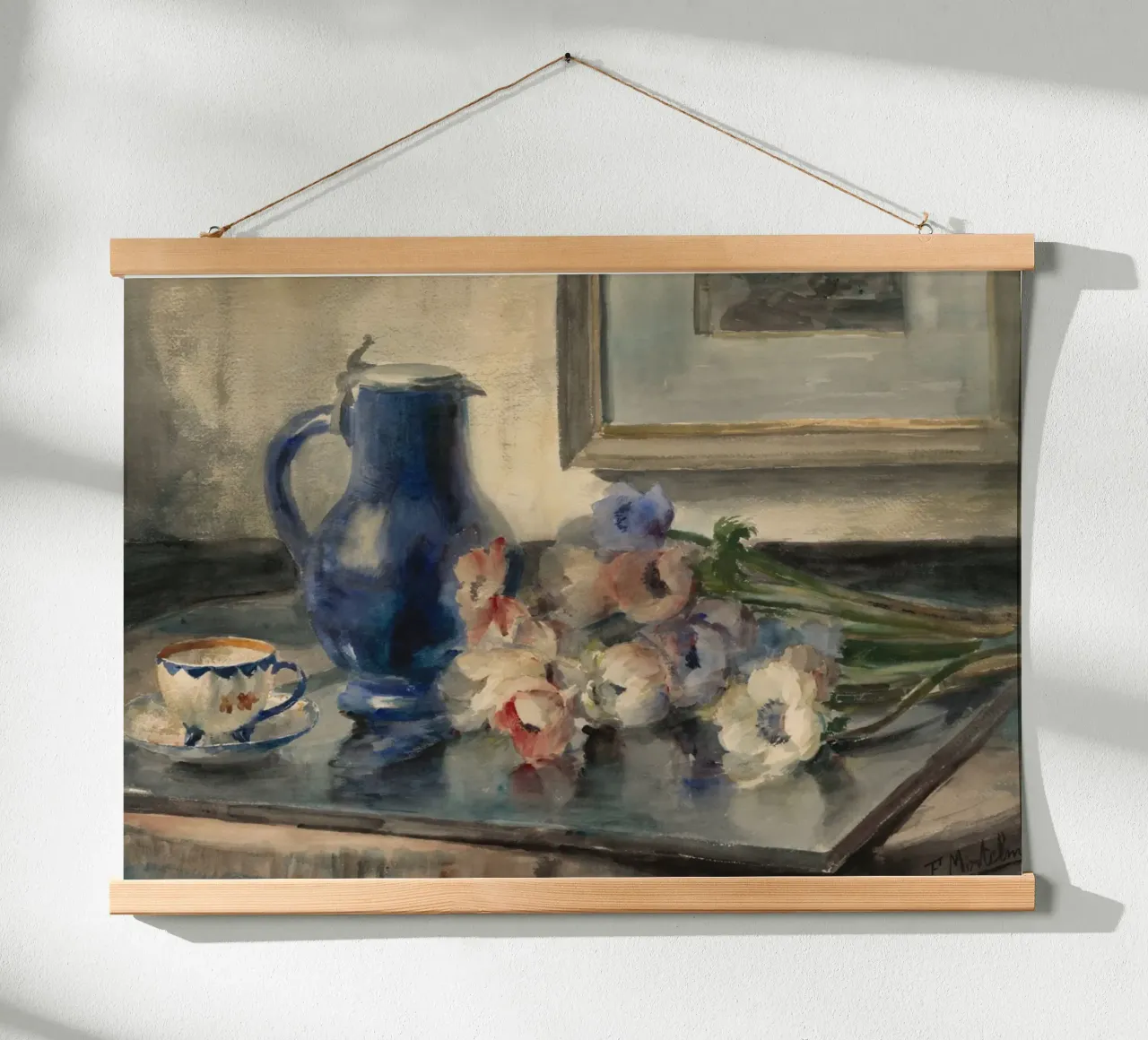 Natura morta con fiori e brocca blu - Acquarello poster con telaio in legno da ClubArt
