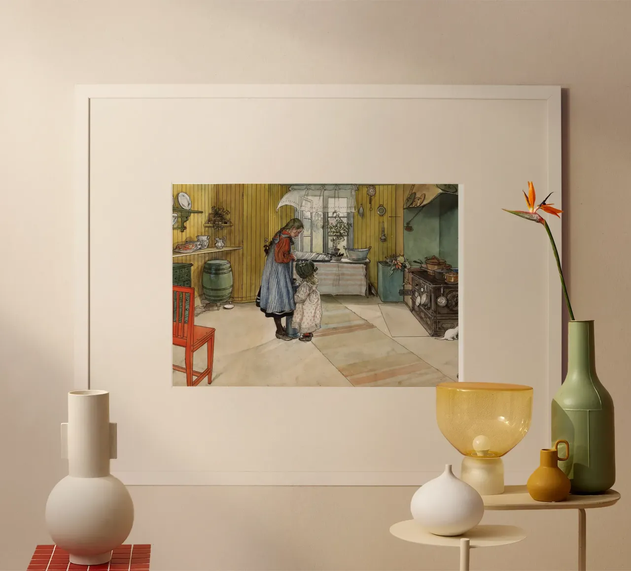 Scena di cucina Larsson - Interno di arte popolare nordica poster con telaio in legno da ClubArt