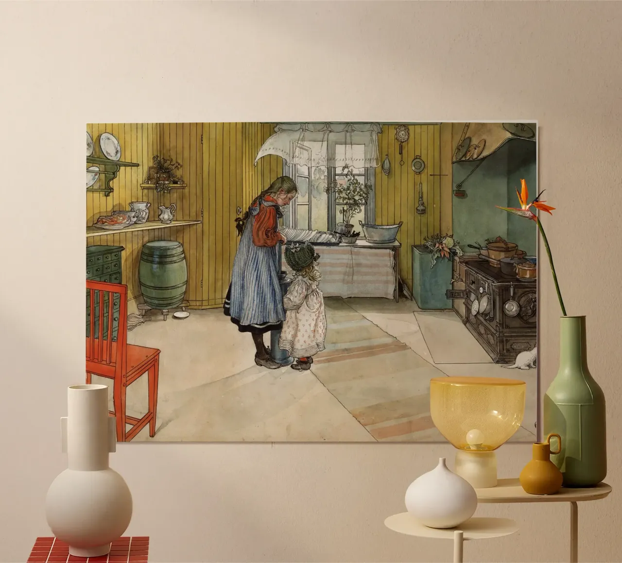 Scena di cucina Larsson - Interno di arte popolare nordica poster con telaio in legno da ClubArt
