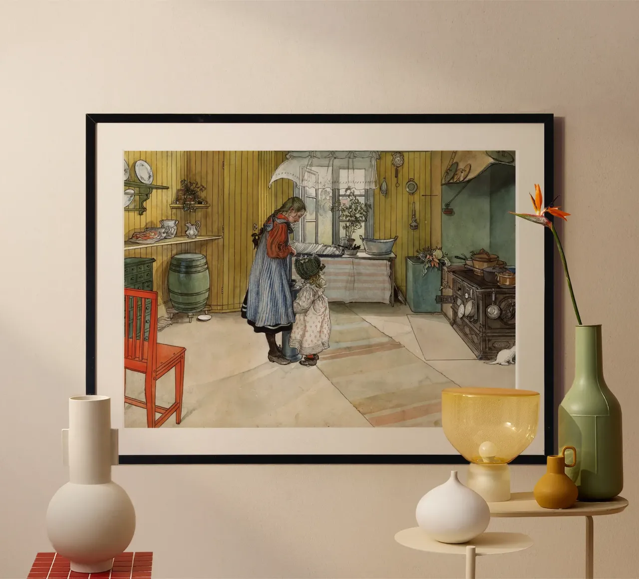 Scena di cucina Larsson - Interno di arte popolare nordica poster con telaio in legno da ClubArt