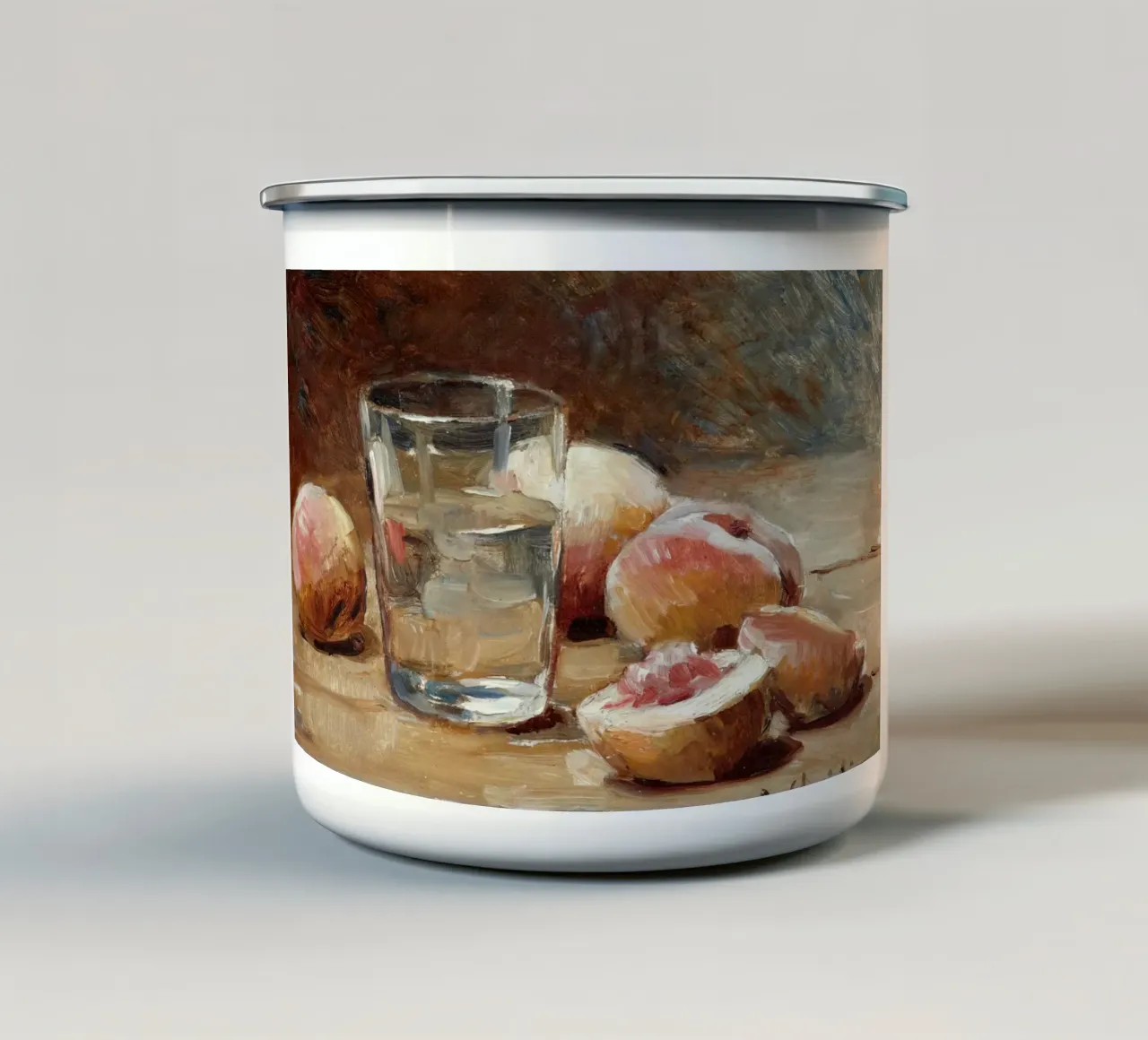 Stilleven perziken & waterglas - Expressieve fruitkunst emaille mok van ClubArt