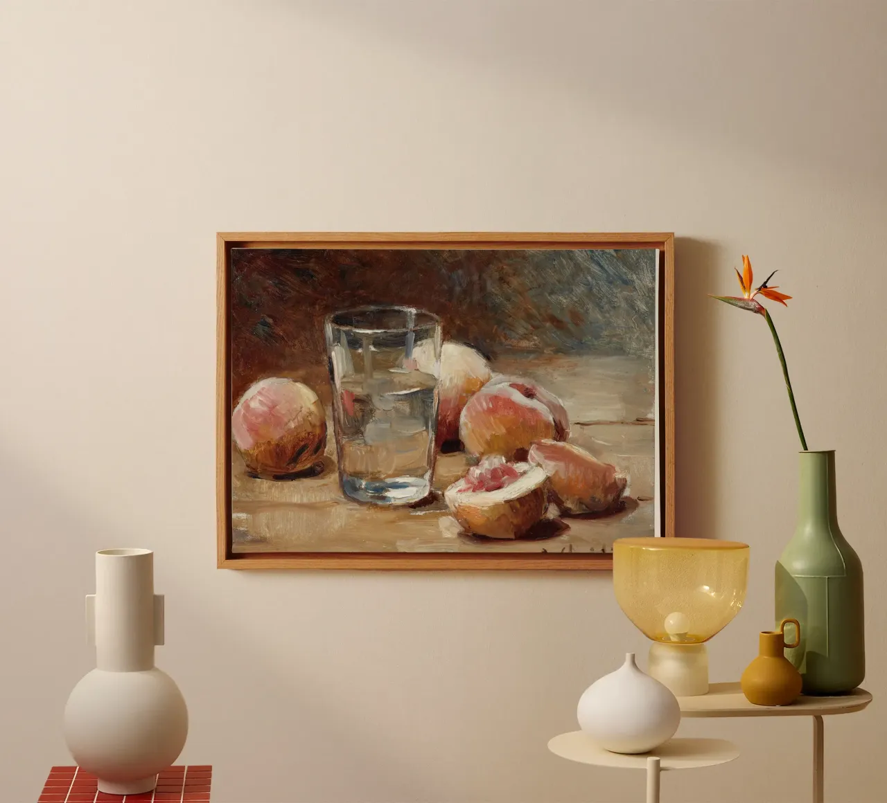 Stilleven perziken & waterglas - Expressieve fruitkunst canvas met Baklijst van ClubArt