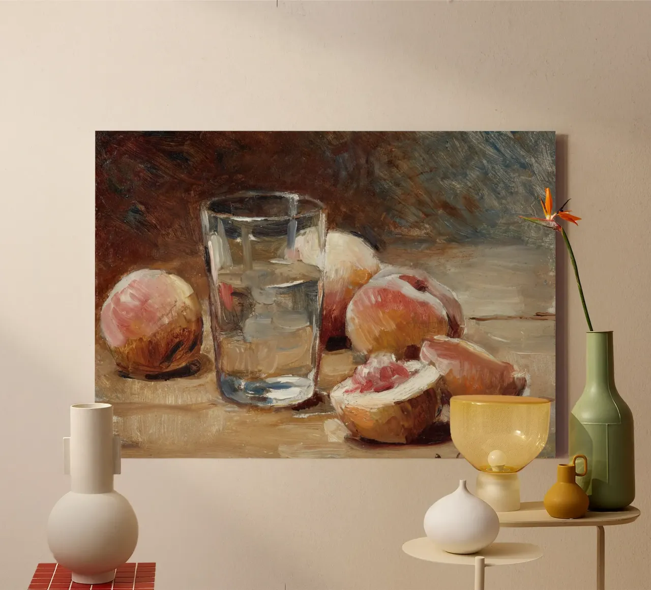 Stilleven perziken & waterglas - Expressieve fruitkunst canvas met Baklijst van ClubArt