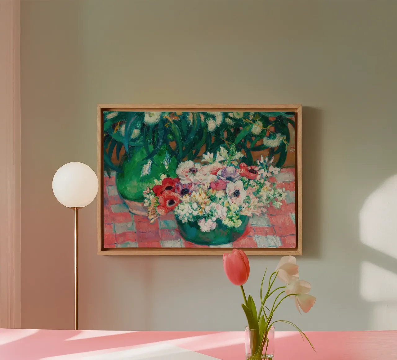 Stillleben Anemonen & Eukalyptus - Lebendige Blumenkunst Leinwand mit Schattenfugenrahmen von ClubArt