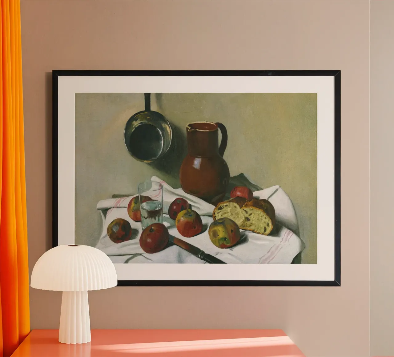 Stilleben Äpfel, Brot & Küchenutensilien - Realistische Kunst Poster mit Holzrahmen von ClubArt