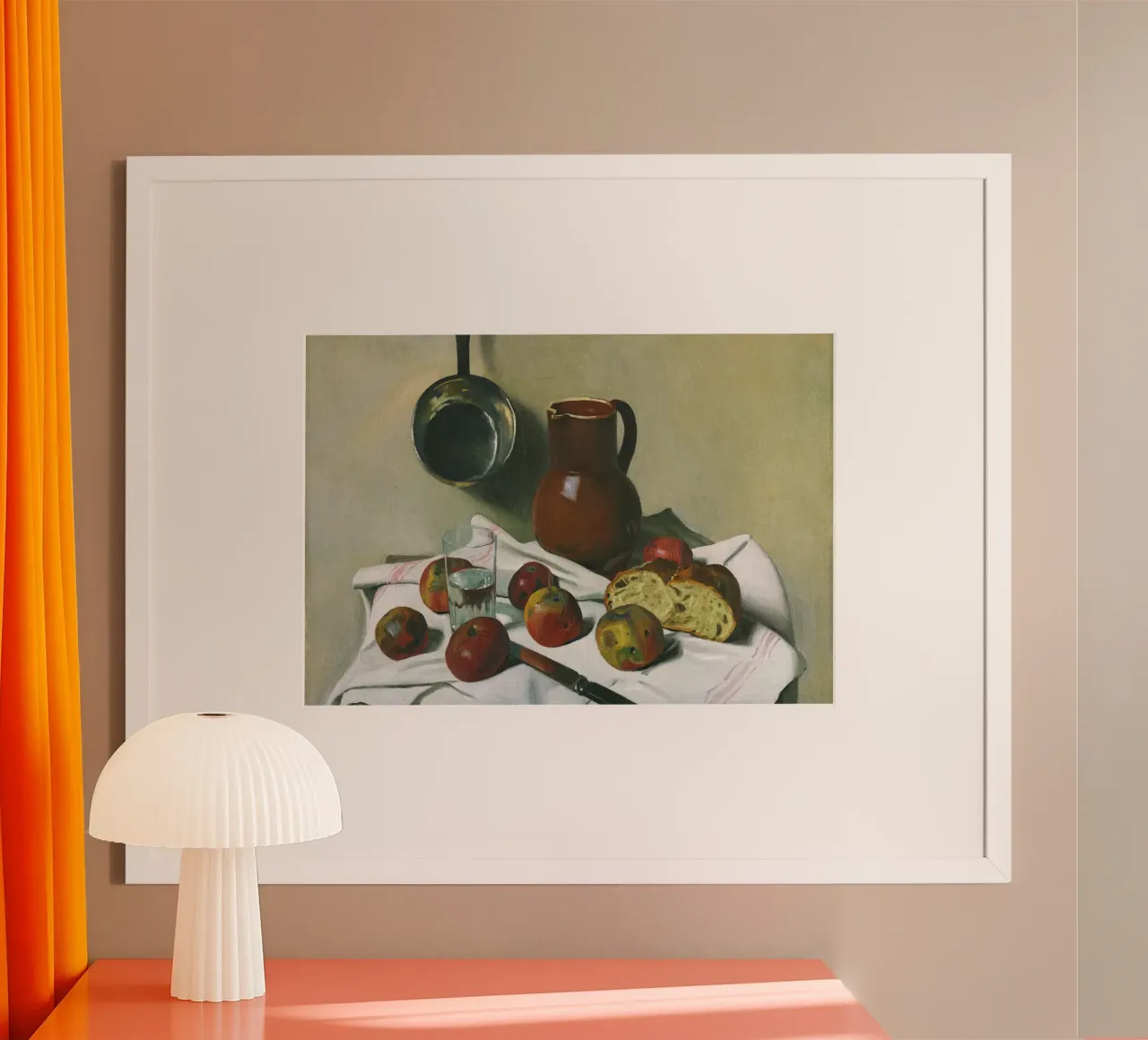 Stilleben Äpfel, Brot & Küchenutensilien - Realistische Kunst Poster mit Holzrahmen von ClubArt