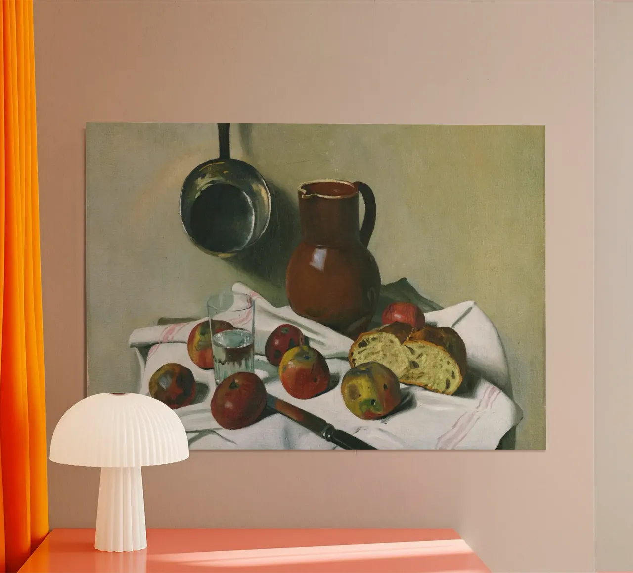 Stilleben Äpfel, Brot & Küchenutensilien - Realistische Kunst Poster mit Holzrahmen von ClubArt