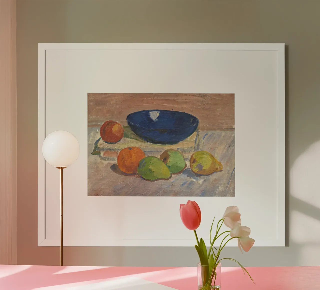 Stilleben Blaue Schale & Obst - Texturierte impressionistische Kunst Poster mit Kunststoffrahmen von ClubArt