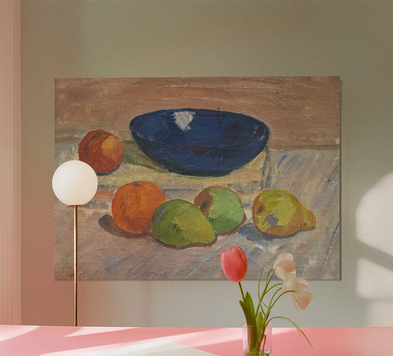 Stilleben Blaue Schale & Obst - Texturierte impressionistische Kunst Poster mit Kunststoffrahmen von ClubArt