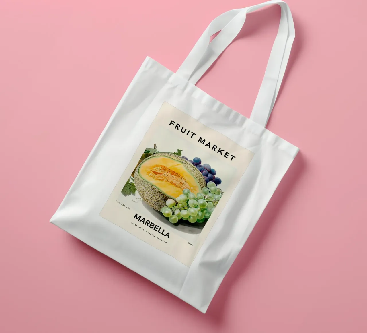 Mercato della frutta di Marbella - Poster botanico Melone e uva borsa in juta da ClubArt
