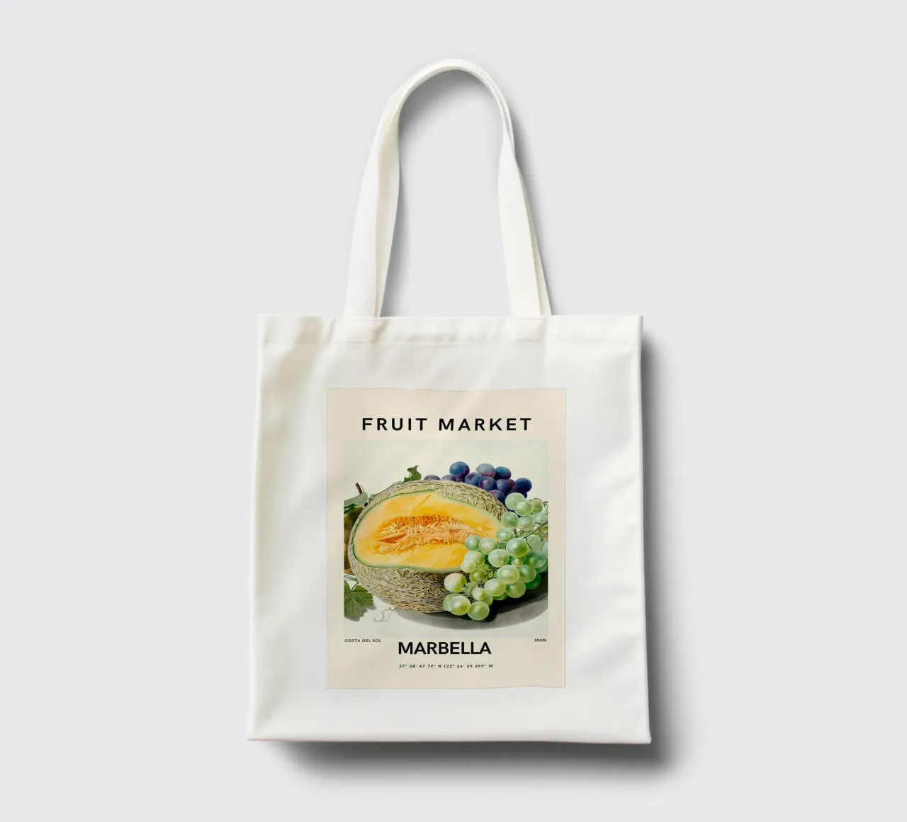 Mercato della frutta di Marbella - Poster botanico Melone e uva borsa in juta da ClubArt