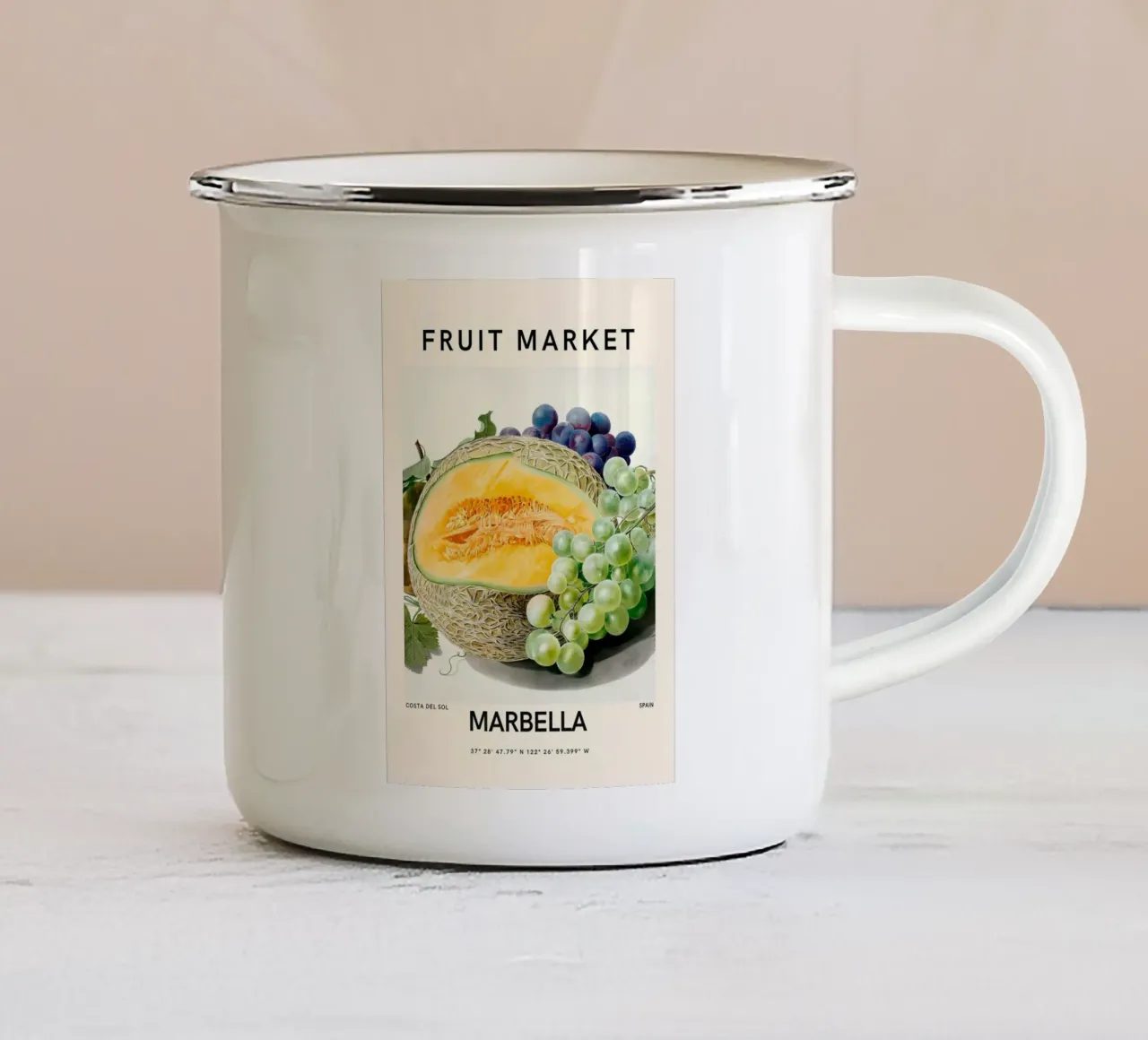Mercato della frutta di Marbella - Poster botanico Melone e uva tazza in smalto da ClubArt