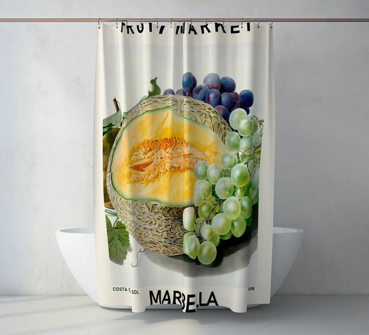 Mercato della frutta di Marbella - Poster botanico Melone e uva tenda da doccia da ClubArt