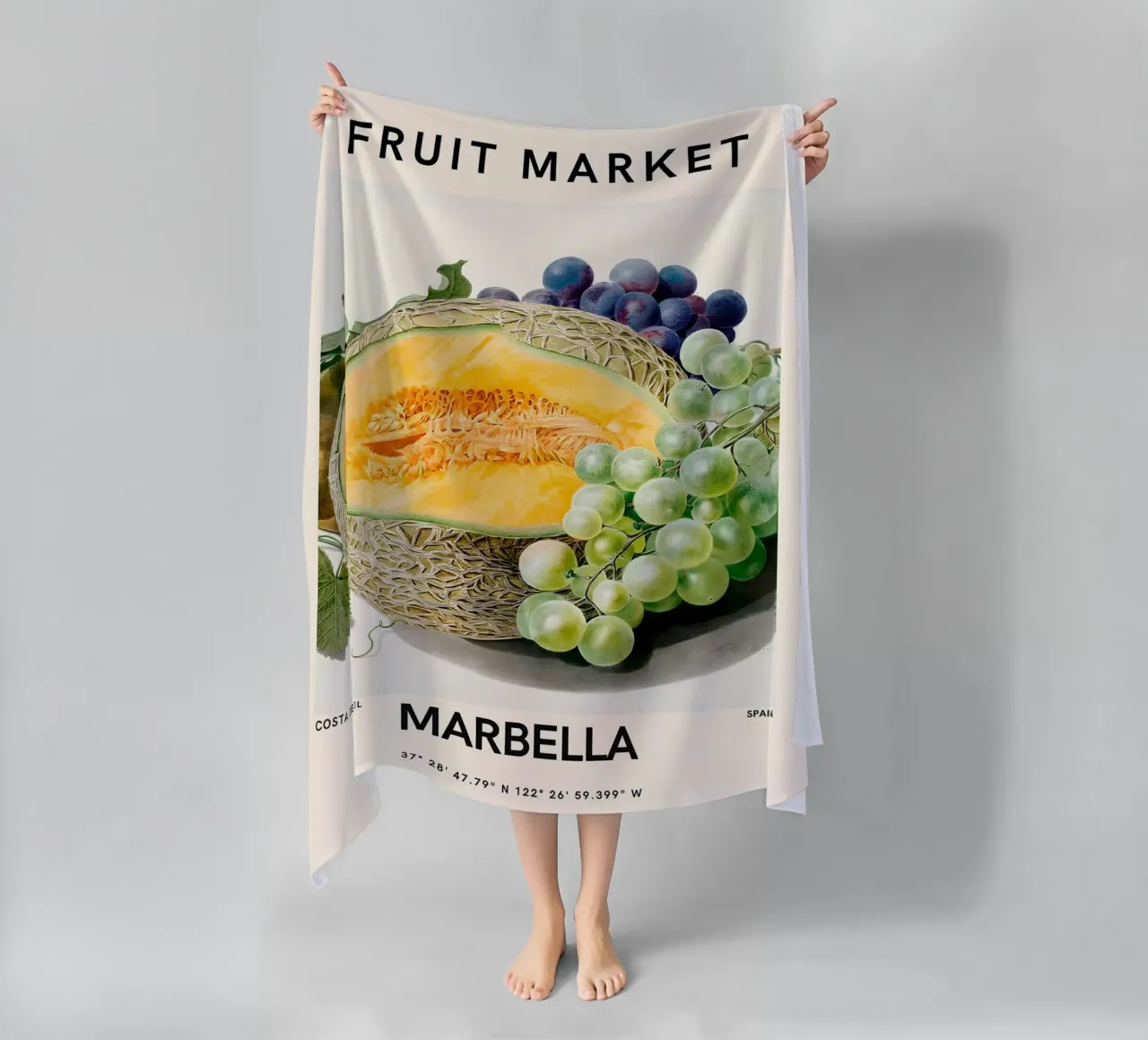Mercato della frutta di Marbella - Poster botanico Melone e uva telo mare da ClubArt