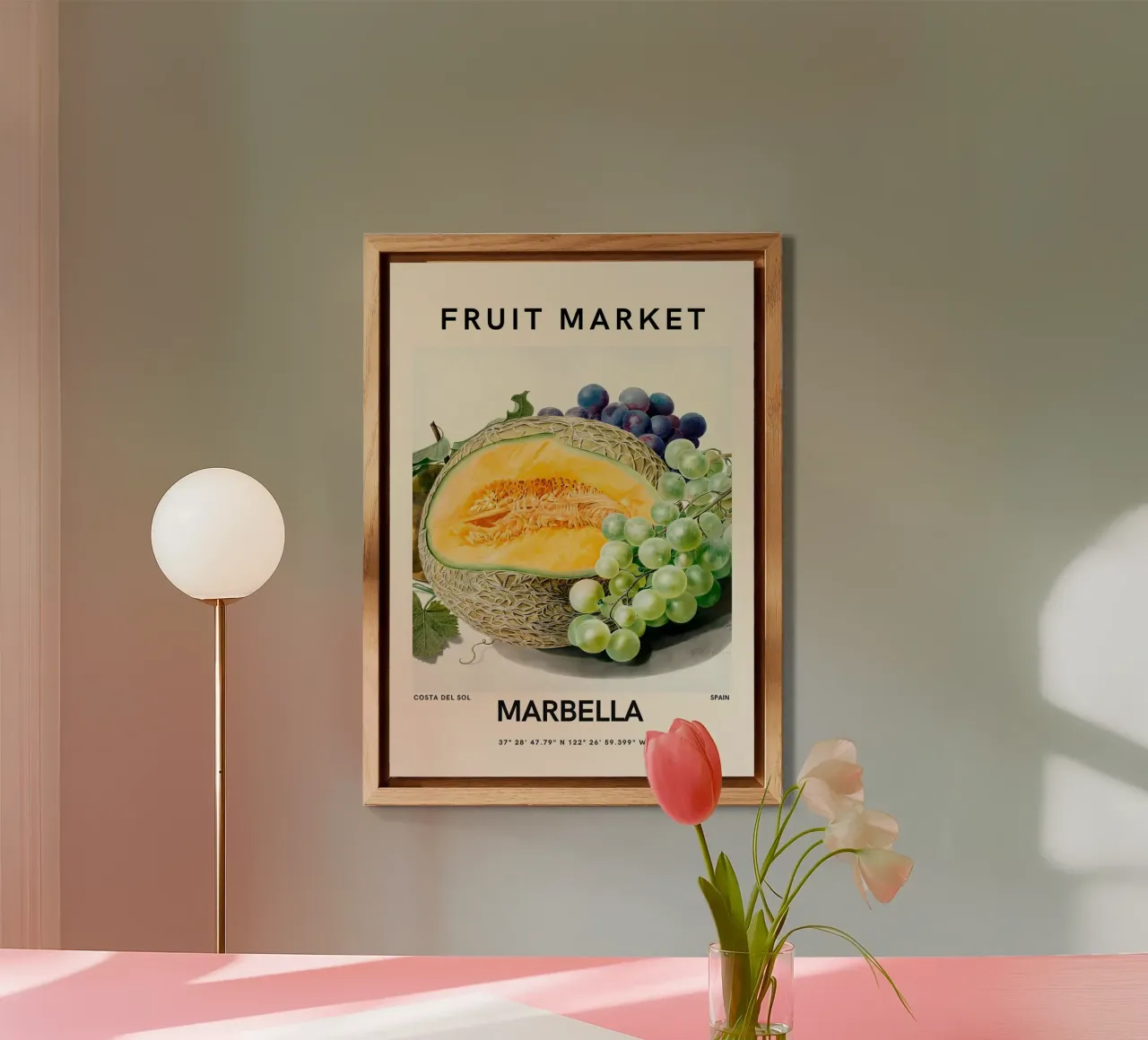 Mercato della frutta di Marbella - Poster botanico Melone e uva alluminio dibond da ClubArt
