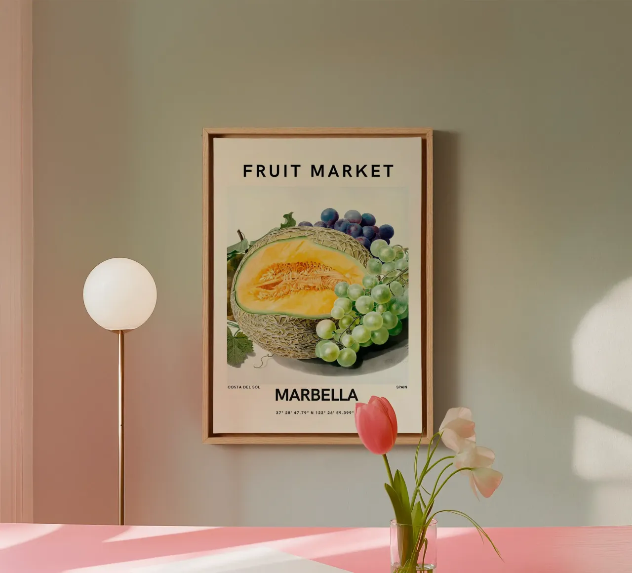 Mercato della frutta di Marbella - Poster botanico Melone e uva tela con Cornice a cassetta da ClubArt