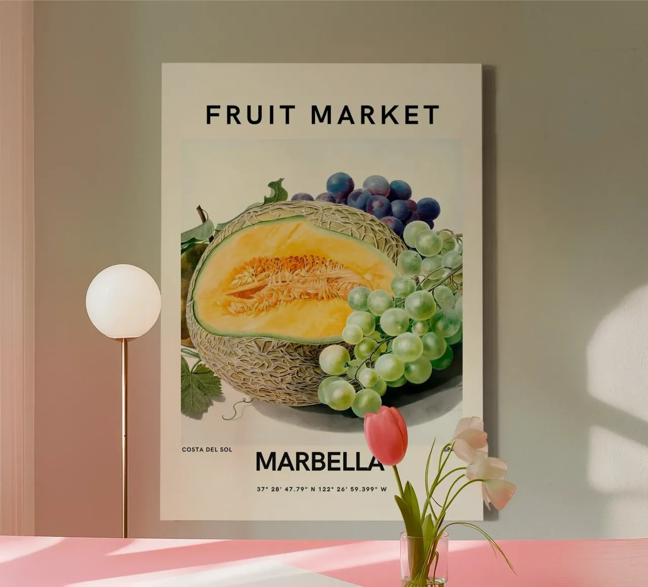 Mercato della frutta di Marbella - Poster botanico Melone e uva tela con Cornice a cassetta da ClubArt