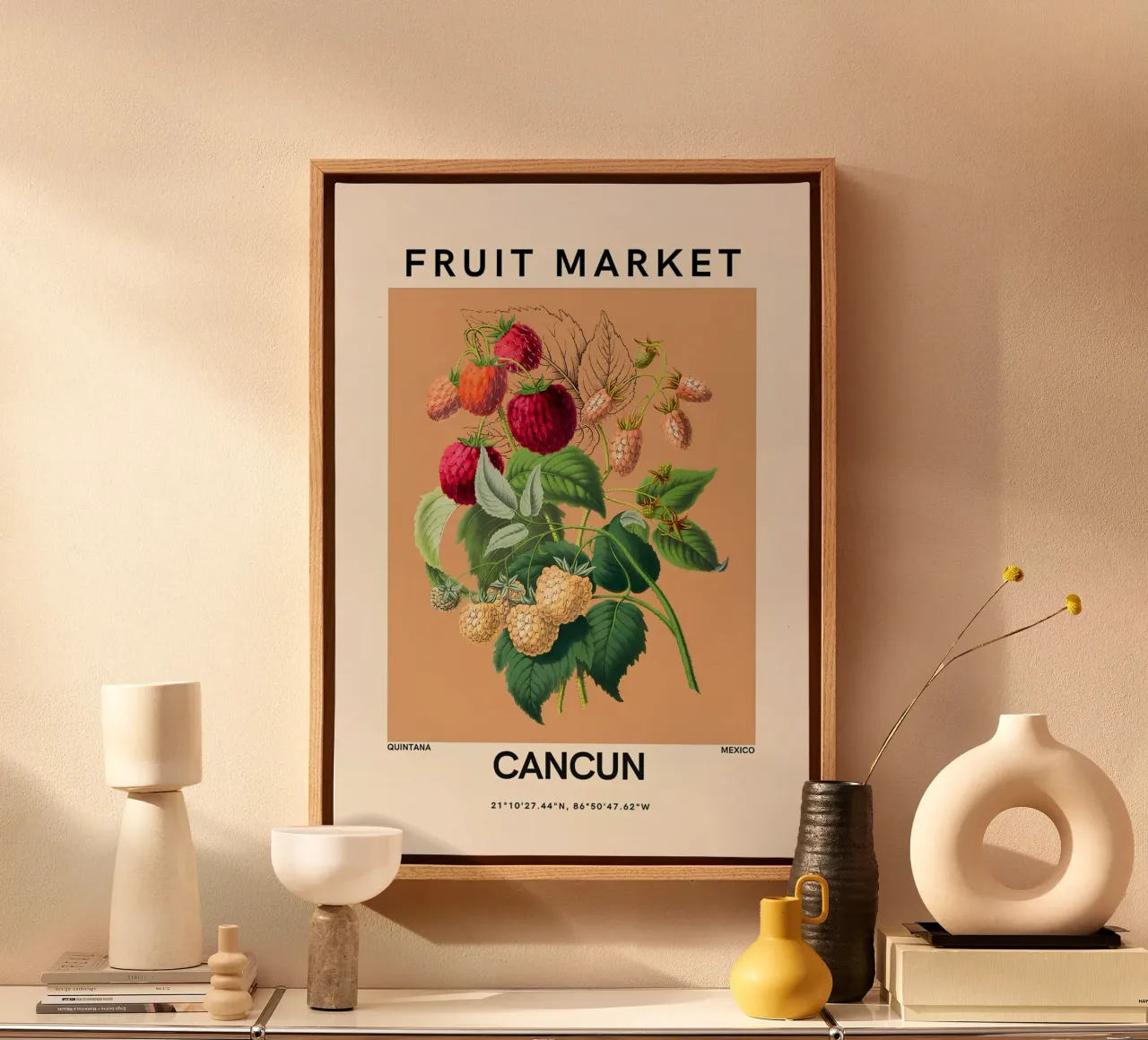 Cancun Fruit Market - Raspberry Botanical Art Poster canvas with Floater frame by ClubArt