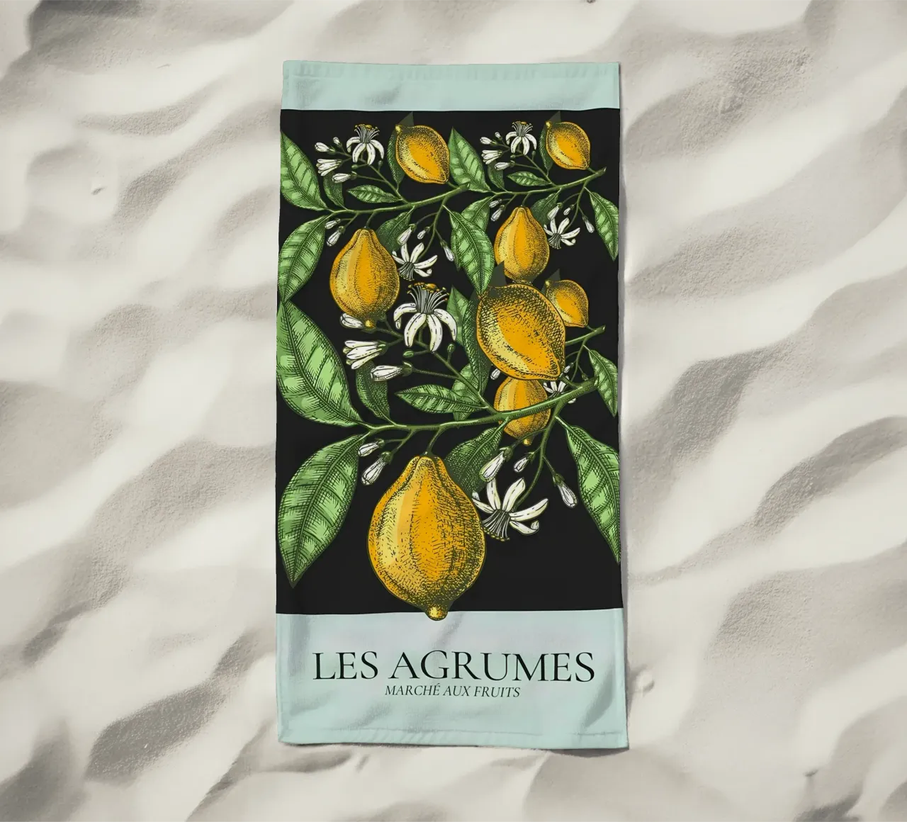 Les Agrumes - Elegante Zitrone Botanical Dark Print Strandtuch von ClubArt