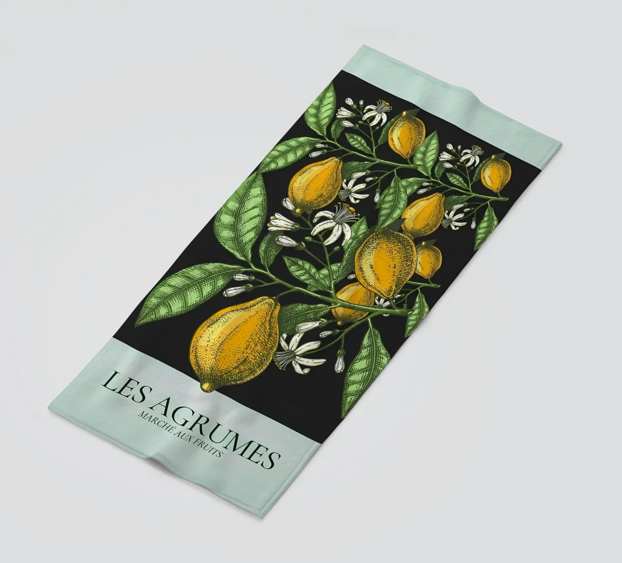 Les Agrumes - Elegante Zitrone Botanical Dark Print Strandtuch von ClubArt