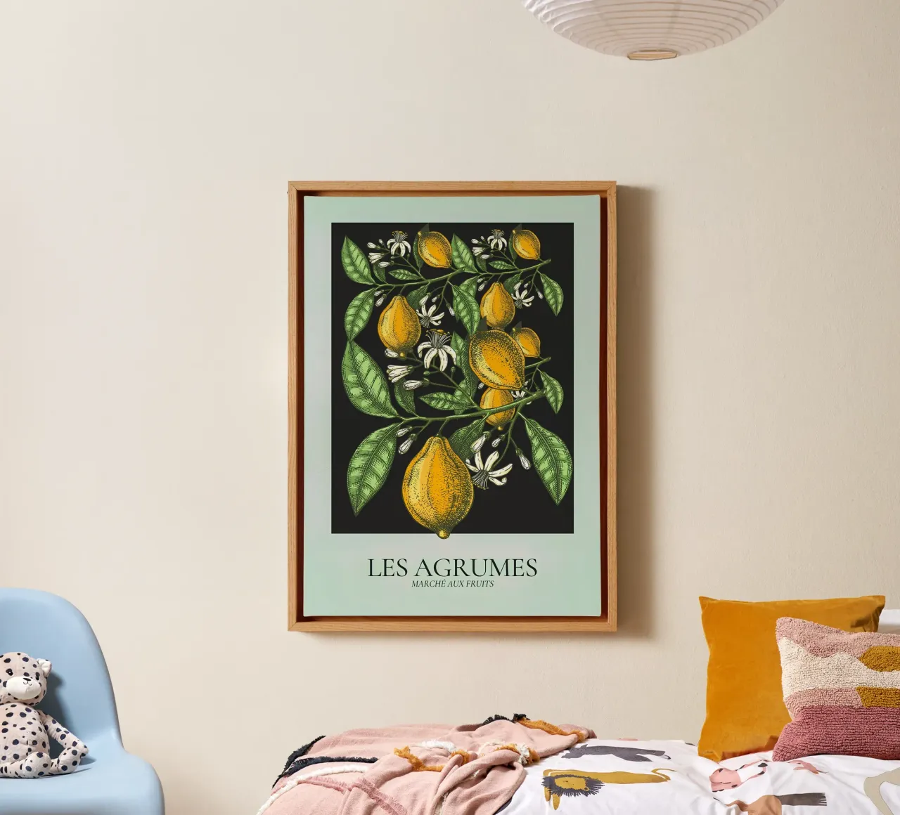 Les Agrumes - Elegant Lemon Botanical Dark Print canvas with Floater frame by ClubArt
