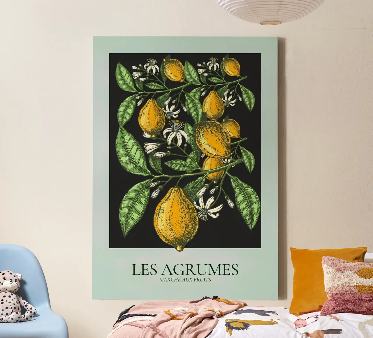 Les Agrumes - Elegant Lemon Botanical Dark Print canvas with Floater frame by ClubArt