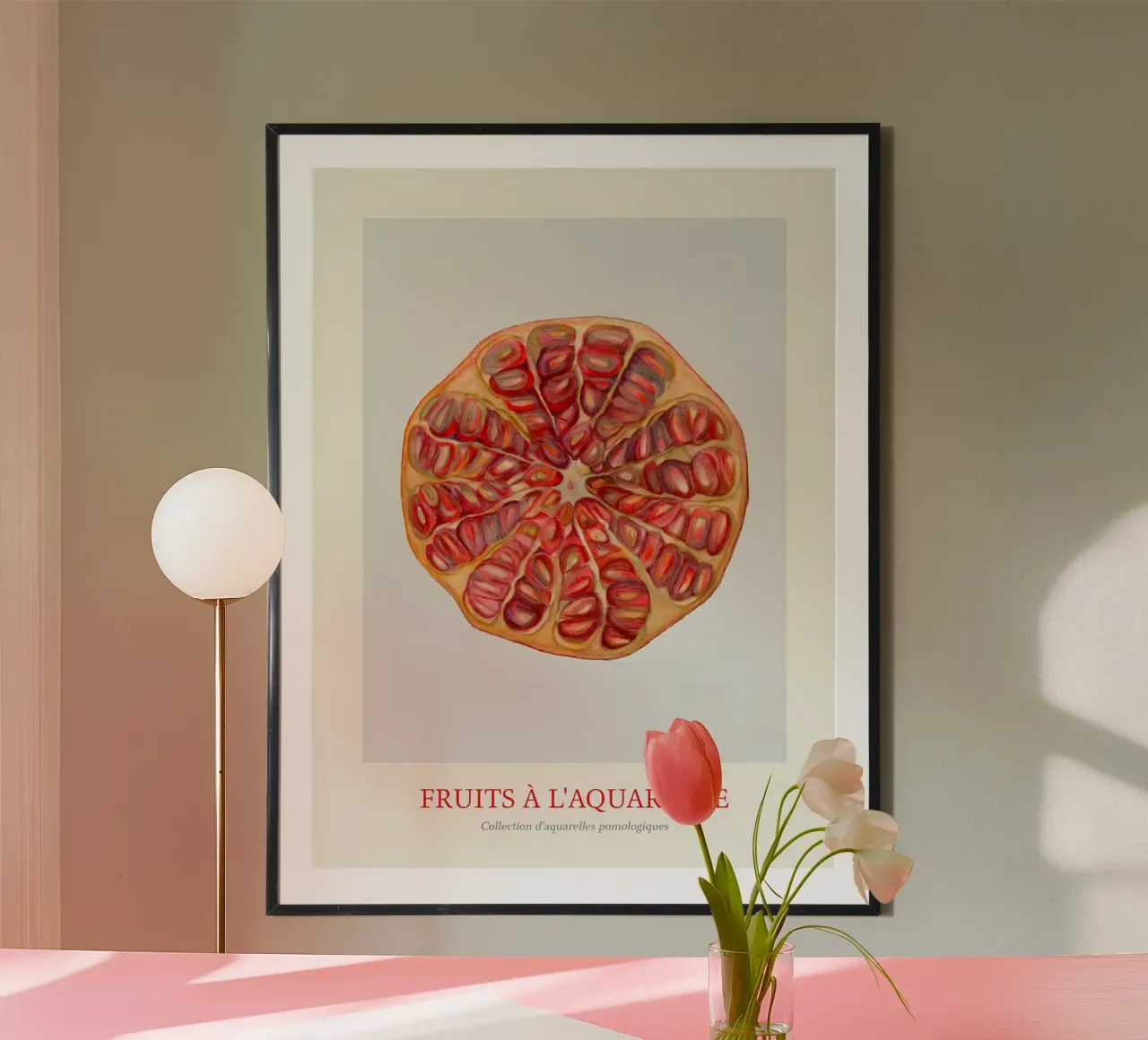 Aquarelle Fruits - Pomegranate Slice Botanical Print poster con marco de madera de ClubArt