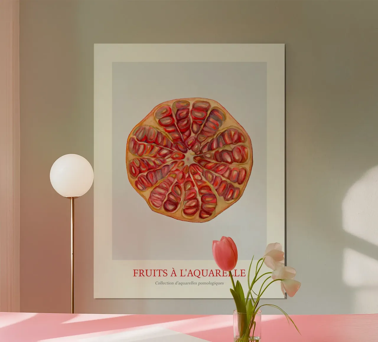 Aquarelle Fruits - Pomegranate Slice Botanical Print poster con marco de madera de ClubArt