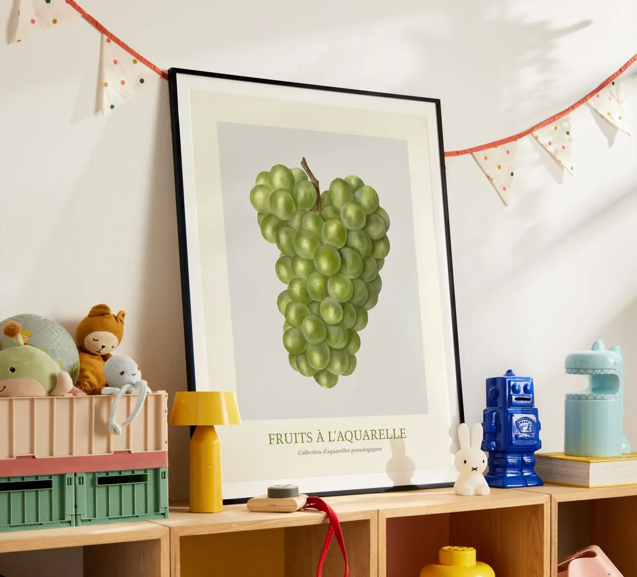Aquarelle Früchte - Grüne Weintrauben Botanischer Kunstdruck Poster mit Kunststoffrahmen von ClubArt
