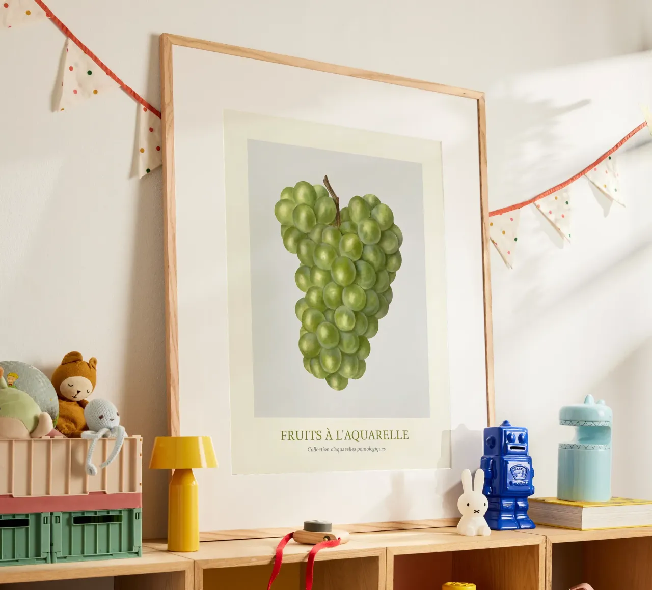 Aquarelle Früchte - Grüne Weintrauben Botanischer Kunstdruck Poster mit Kunststoffrahmen von ClubArt