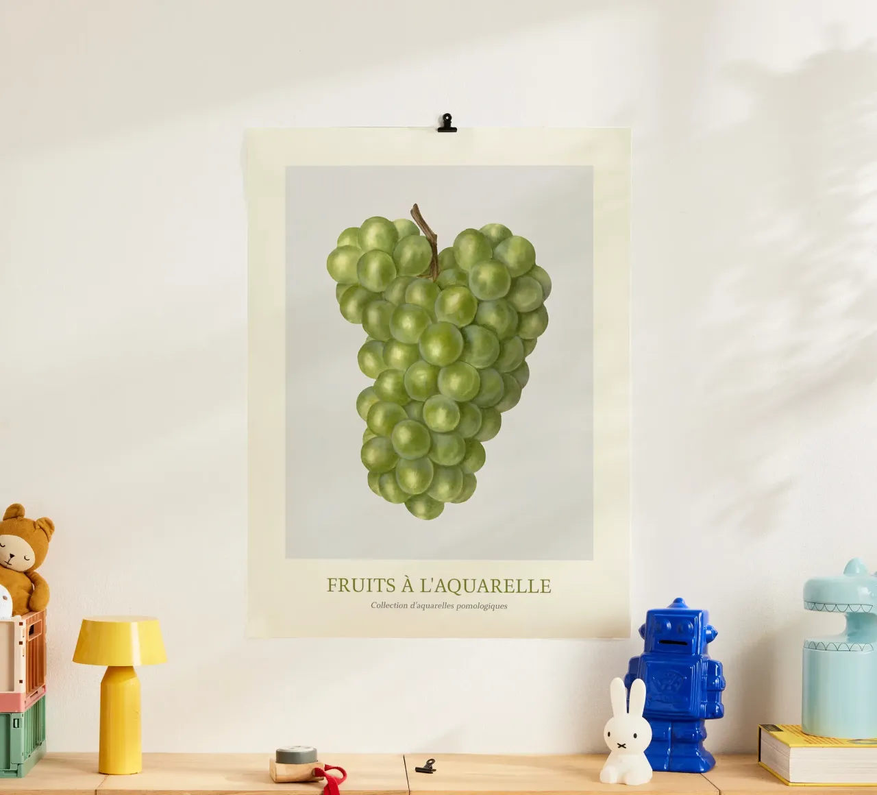 Aquarelle Früchte - Grüne Weintrauben Botanischer Kunstdruck Poster mit Kunststoffrahmen von ClubArt
