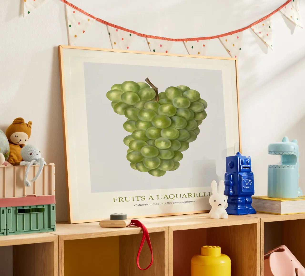 Aquarelle Früchte - Grüne Weintrauben Botanischer Kunstdruck Poster mit Kunststoffrahmen von ClubArt
