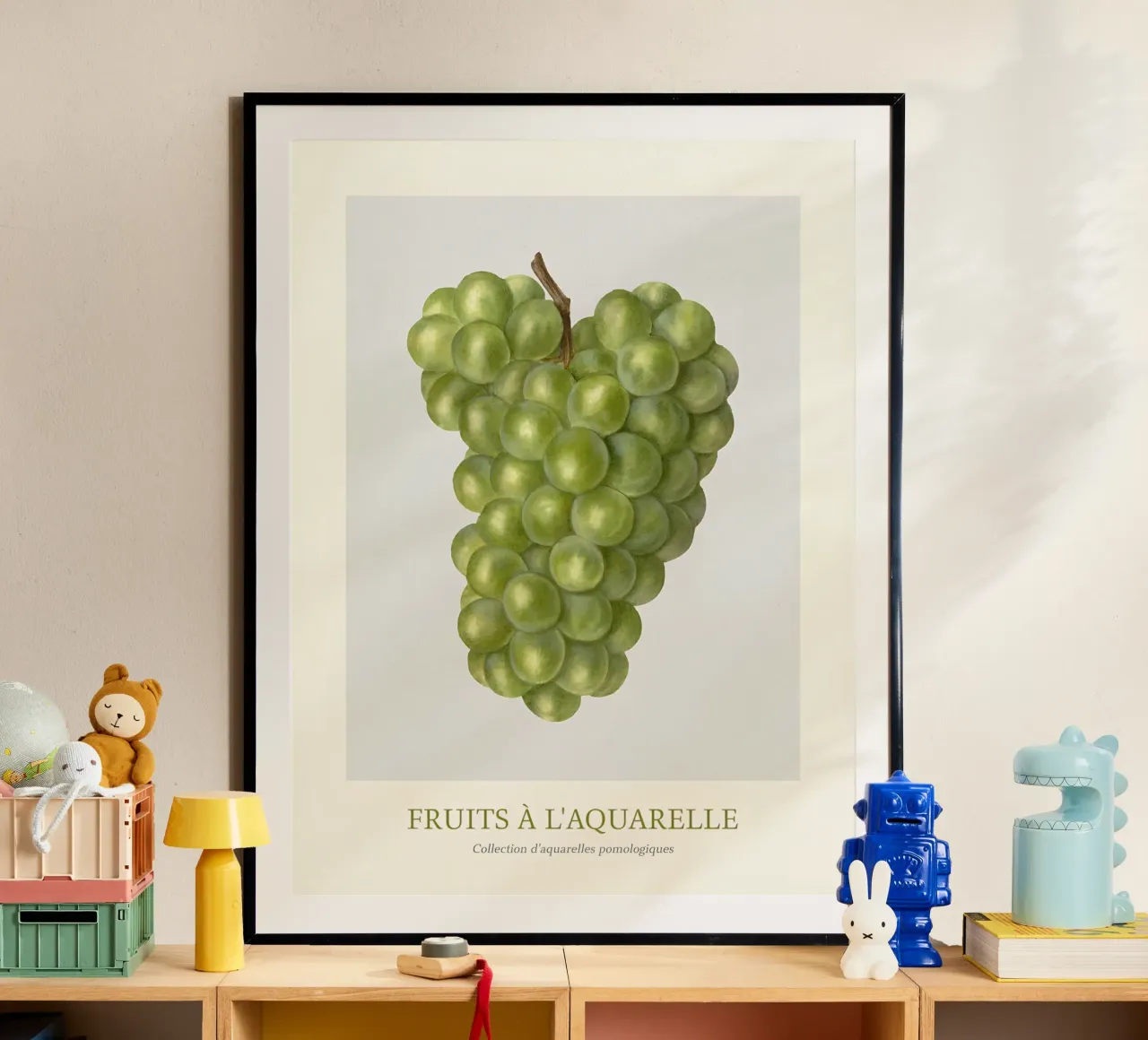Aquarelle Früchte - Grüne Weintrauben Botanischer Kunstdruck Poster mit Kunststoffrahmen von ClubArt